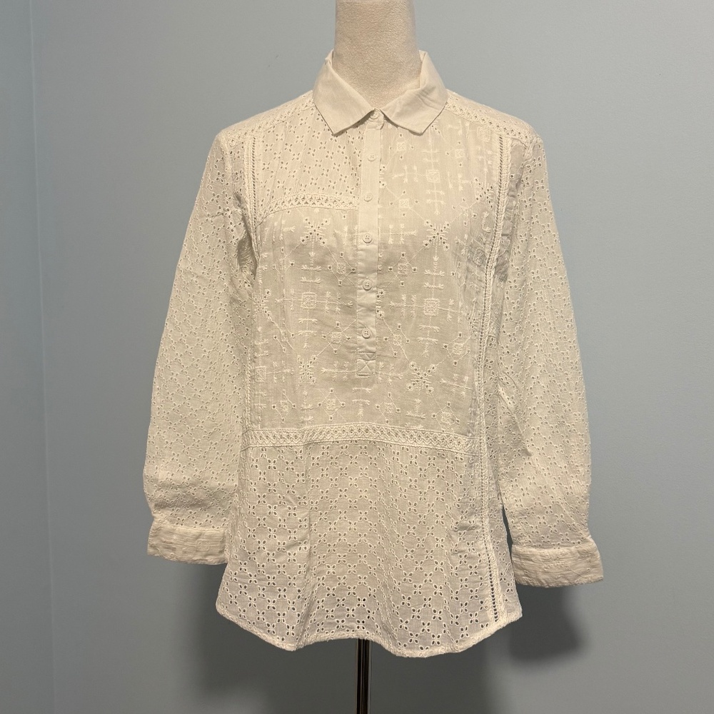 Sundance White Lace‎ Long Sleeve Cotton Blouse Sz S